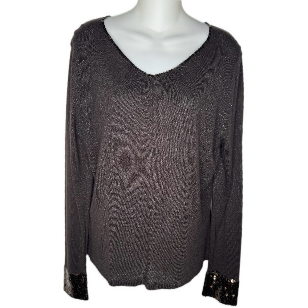 2/$25💥 Talbots Chocolate Brown Sequin Long Sleeve Top Sz L